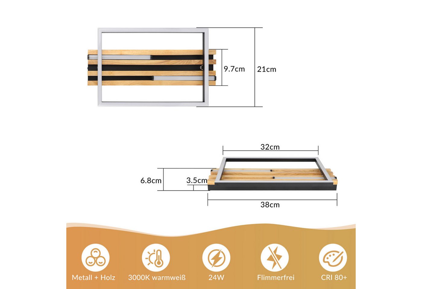 Nettlife LED Deckenleuchte Dimmbar Holz 2/3/4 Ringe Modern Deckenlampe Wohnzimmer, LED fest integriert, 24W 38*20.9*6.8CM für Schlafzimmer Büro Küche Bild 3