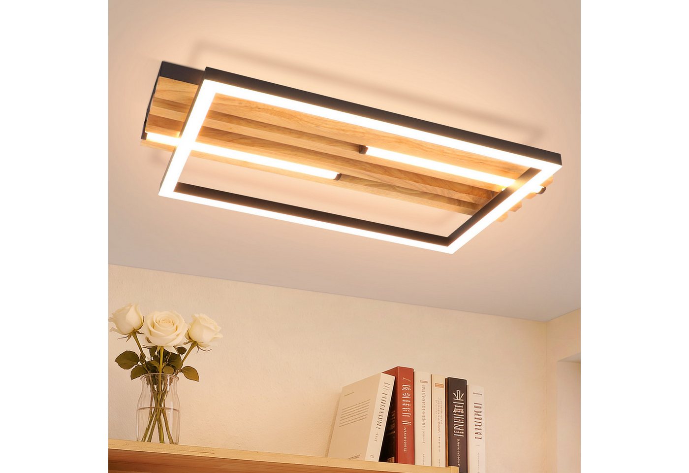 Nettlife LED Deckenleuchte Dimmbar Holz 2/3/4 Ringe Modern Deckenlampe Wohnzimmer, LED fest integriert, 24W 38*20.9*6.8CM für Schlafzimmer Büro Küche Bild 5