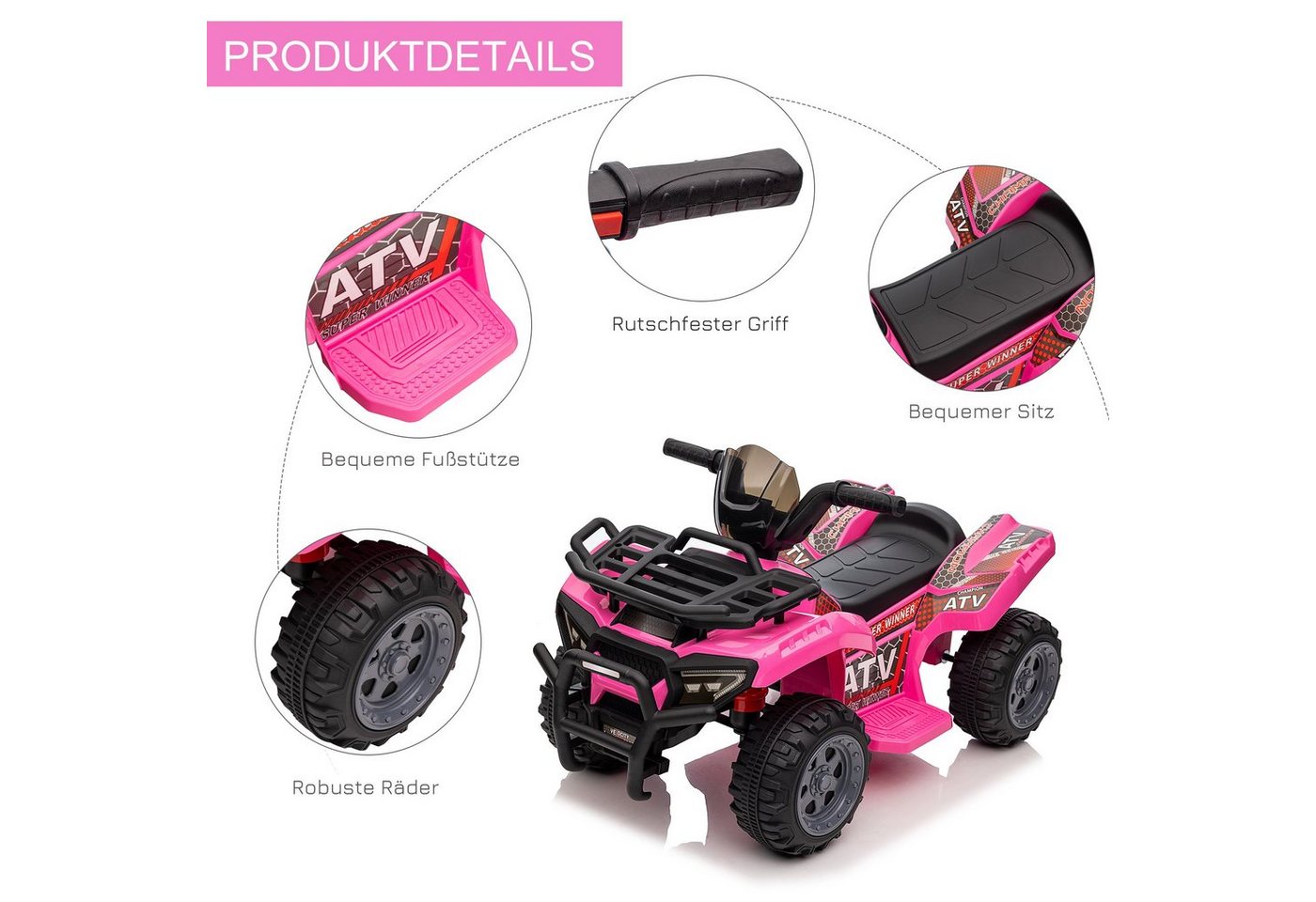 HOMCOM Elektro-Kinderquad Kinder Quad Elektro 6V mit Vorwärtsfunktion, Musik, Belastbarkeit 25 kg, (1-tlg), für Kinder, Rosa Bild 2