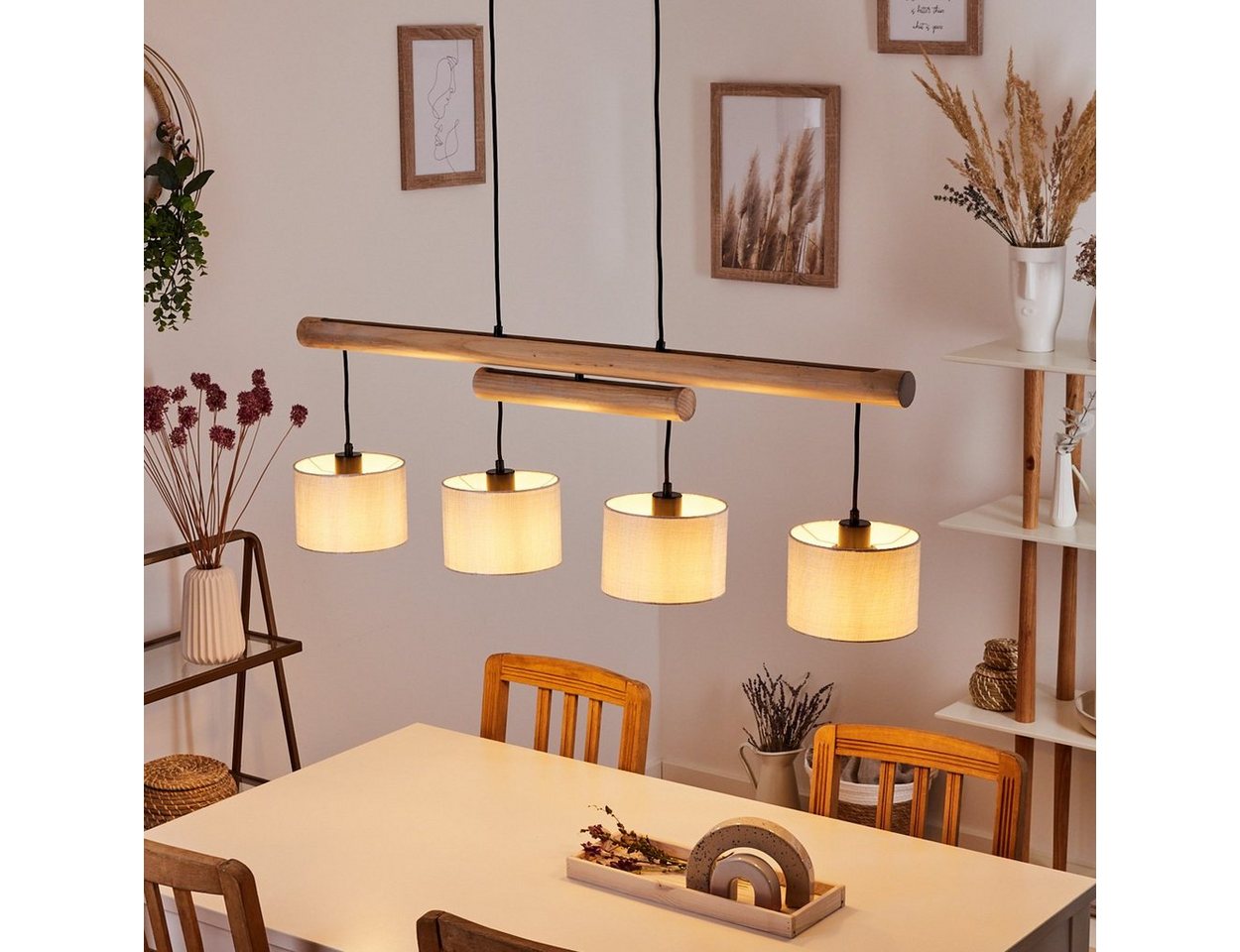 hofstein Hängeleuchte »Vallicchio« Pendellampe aus Metall und Holz in Schwarz/Natur, ohne Leuchtmittel, Lampe mit Stoffschirmen in Grau mit verstellbaren Holzbalken, 4xE27 Bild 2