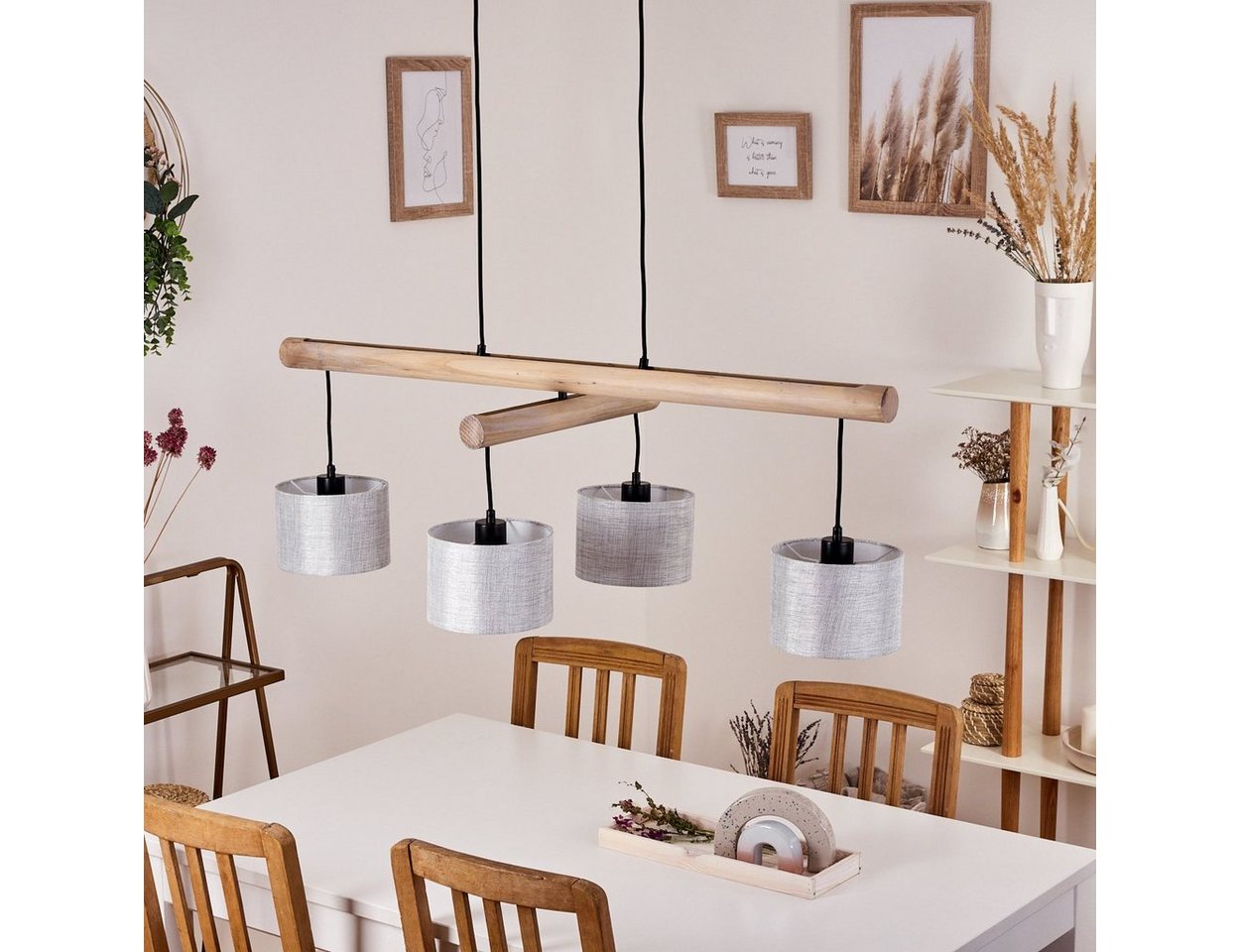 hofstein Hängeleuchte »Vallicchio« Pendellampe aus Metall und Holz in Schwarz/Natur, ohne Leuchtmittel, Lampe mit Stoffschirmen in Grau mit verstellbaren Holzbalken, 4xE27 Bild 5