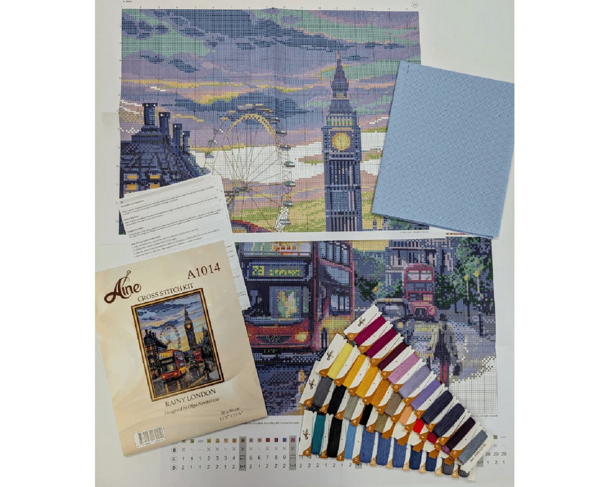 AINE Kreativset Kreuzstich Stickpackung "London", Zählmuster, 30x40cm, (embroidery kit by Marussia)