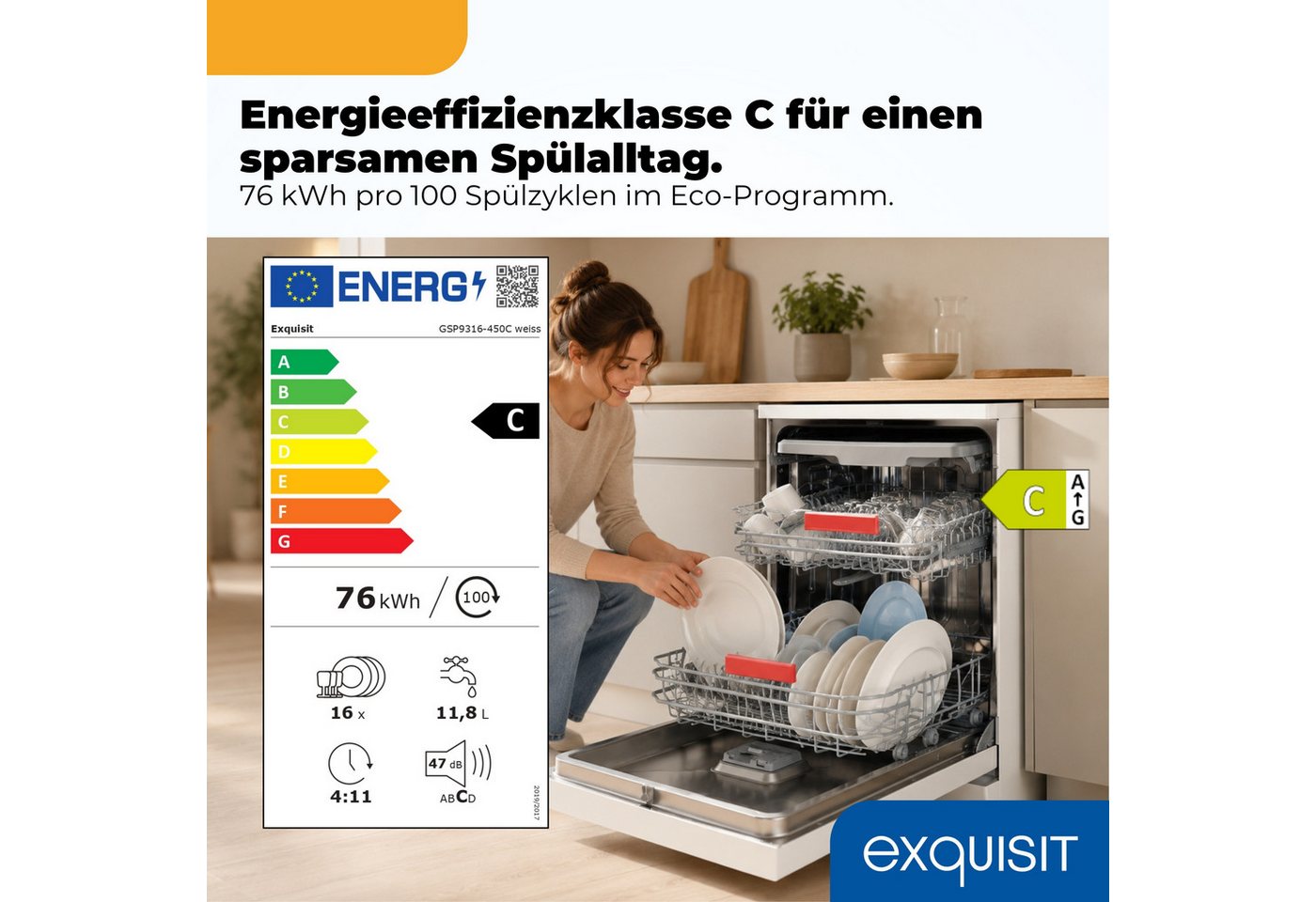exquisit Standgeschirrspüler 9316 GSP9316-450C weiss, 10,9 l, 16 Maßgedecke, 16 Maßgedecke, 8 Programme, Besteckschublade, Auto Door Open, AquaStop Bild 3