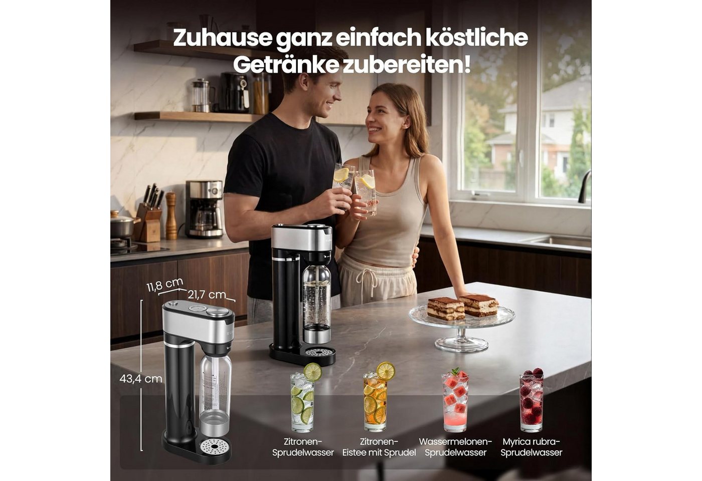 EUGAD Wassersprudler, Wassersprudler mit 4 einstellbaren Sprudelstufen mit Abtropfschale