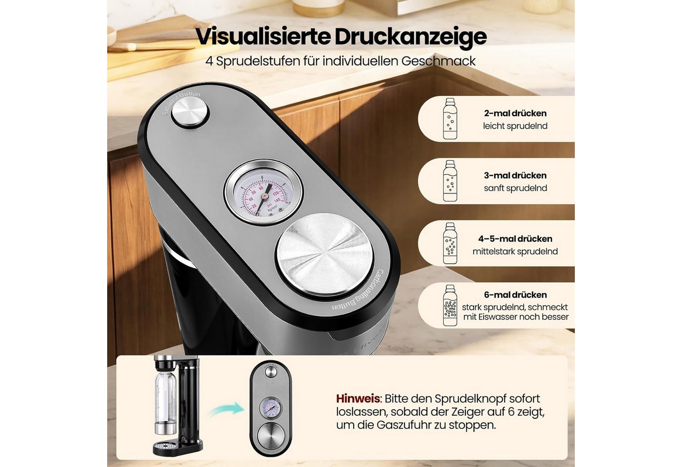 EUGAD Wassersprudler, Wassersprudler mit 4 einstellbaren Sprudelstufen mit Abtropfschale Bild 3