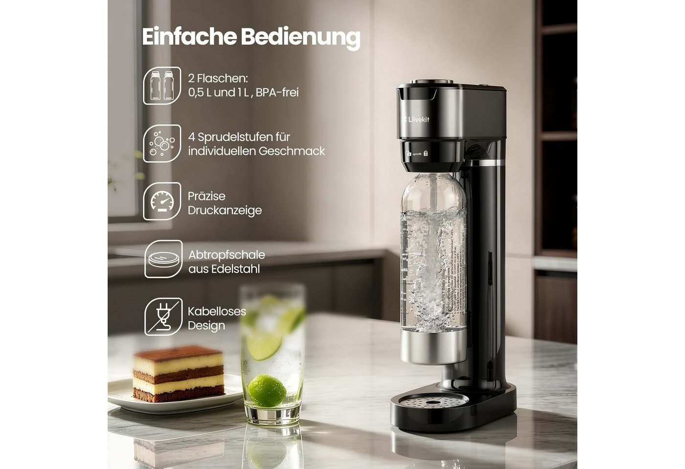 EUGAD Wassersprudler, Wassersprudler mit 4 einstellbaren Sprudelstufen mit Abtropfschale Bild 4