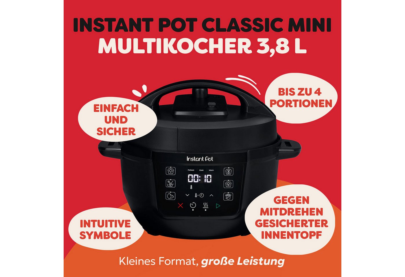 Instant Pot Multikocher Classic Mini 7-in-1 Schongarer 2-3 Portionen Reiskocher, 800 W, 3.8 l Schüssel, Spülmaschinenfester Edelstahl-Innentopf, Deckel und Zubehör Bild 4
