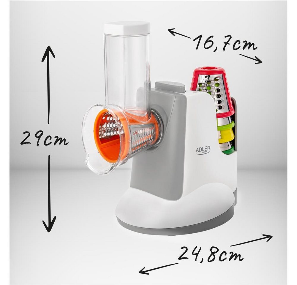 ADLER EUROPE Gemüseschneider AD 4815 LG elektrische Küchenreibe mit 5 Trommeleinsätzen, 150 W, Gemüsezerkleinerer, Käsereibe, Obstschneider, Reibe für Salat weiß