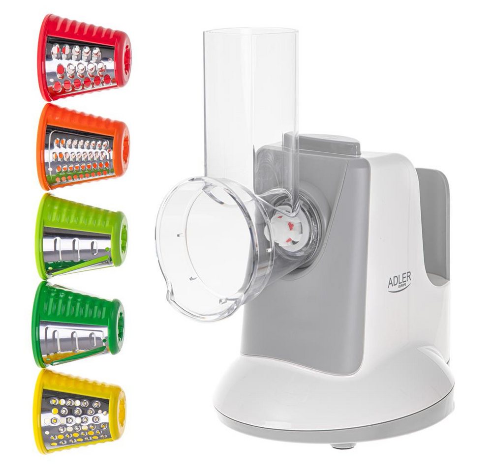 ADLER EUROPE Gemüseschneider AD 4815 LG elektrische Küchenreibe mit 5 Trommeleinsätzen, 150 W, Gemüsezerkleinerer, Käsereibe, Obstschneider, Reibe für Salat weiß Bild 3