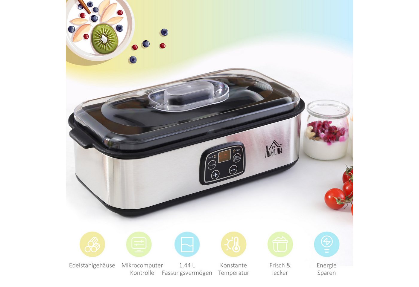 HOMCOM Joghurtbereiter Griechische Joghurtmaschine, Joghurt Maker für 1,4 L, LCD Timer, 8 Portionsbehälter, je 180 ml, PC PP-Kunststoff Edelstahl Glas Silber 36 x 18.8 x 14 cm