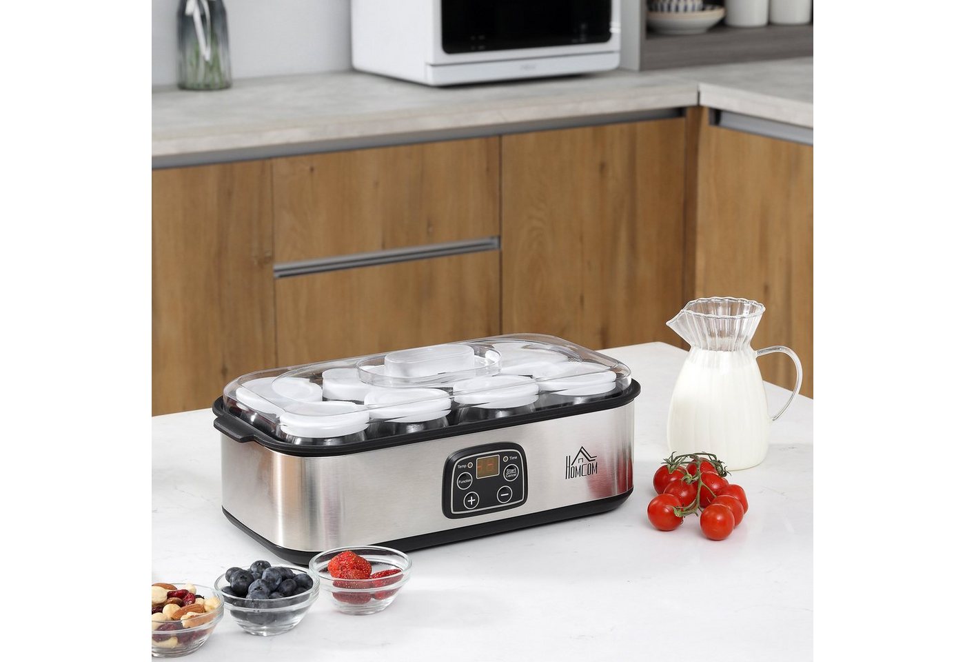 HOMCOM Joghurtbereiter Griechische Joghurtmaschine, Joghurt Maker für 1,4 L, LCD Timer, 8 Portionsbehälter, je 180 ml, PC PP-Kunststoff Edelstahl Glas Silber 36 x 18.8 x 14 cm Bild 2