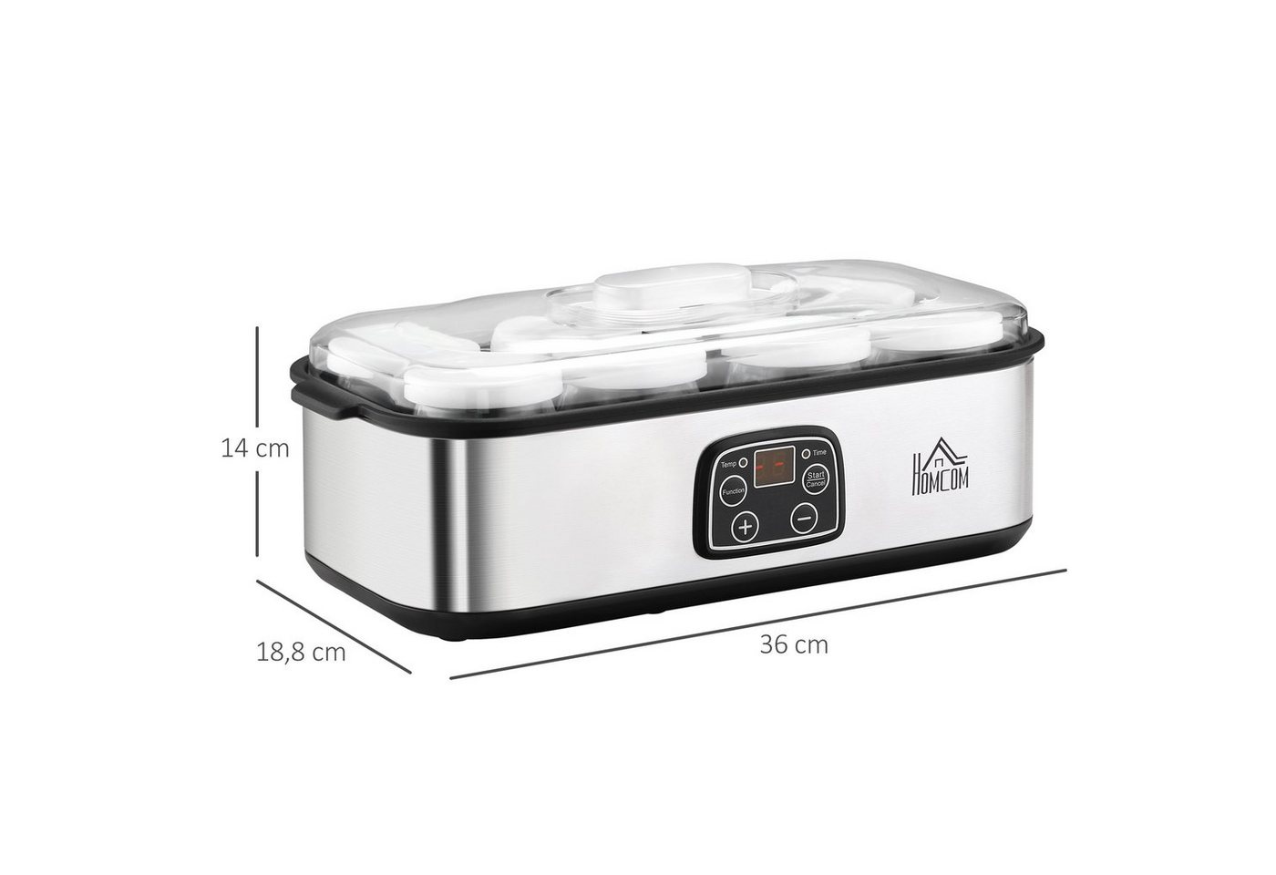 HOMCOM Joghurtbereiter Griechische Joghurtmaschine, Joghurt Maker für 1,4 L, LCD Timer, 8 Portionsbehälter, je 180 ml, PC PP-Kunststoff Edelstahl Glas Silber 36 x 18.8 x 14 cm Bild 3