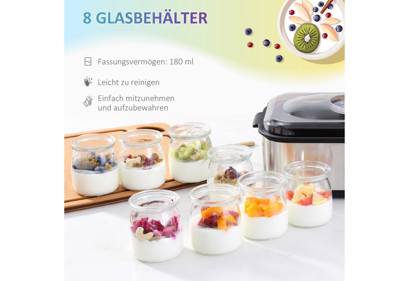 HOMCOM Joghurtbereiter Griechische Joghurtmaschine, Joghurt Maker für 1,4 L, LCD Timer, 8 Portionsbehälter, je 180 ml, PC PP-Kunststoff Edelstahl Glas Silber 36 x 18.8 x 14 cm Bild 4