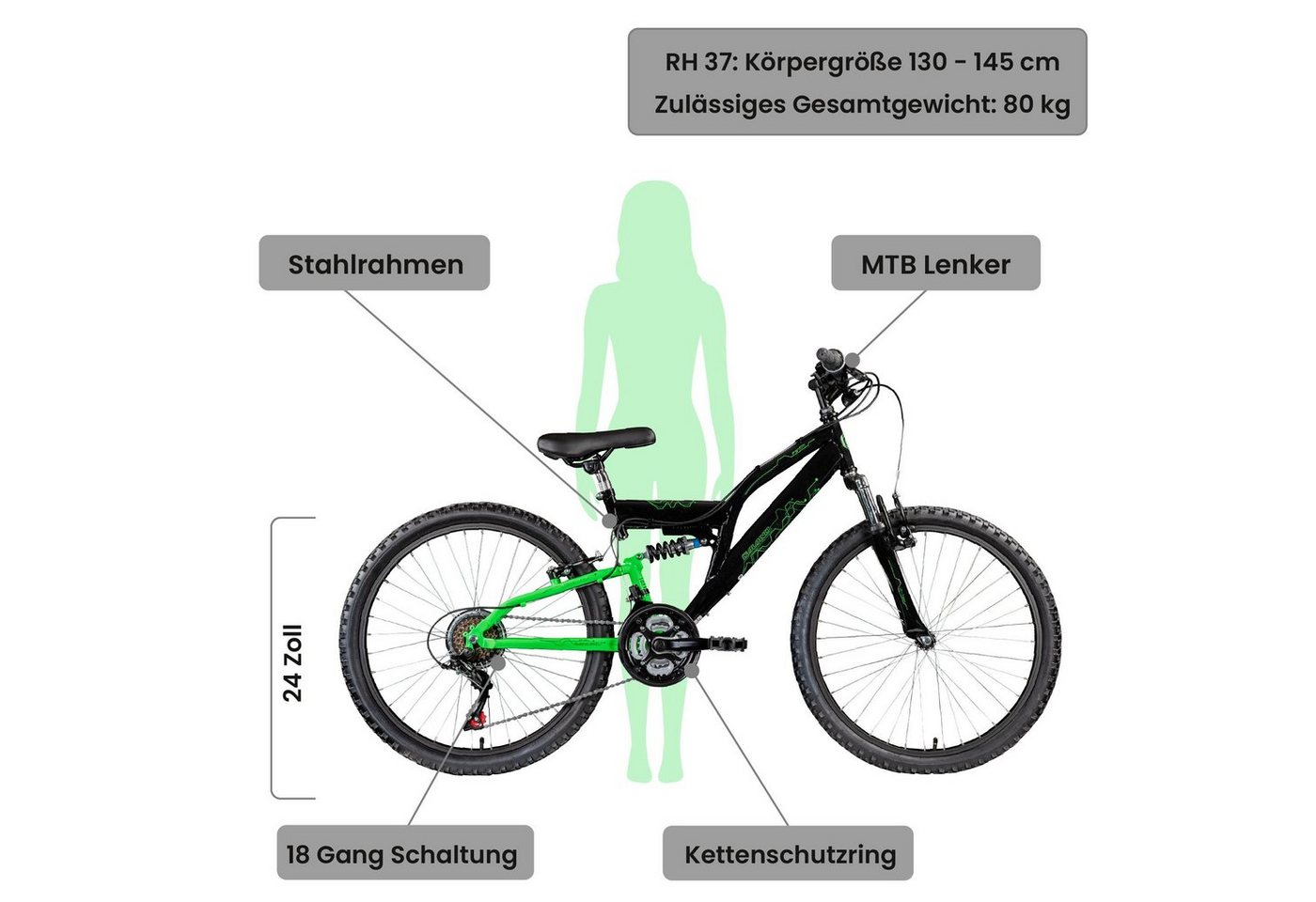 Galano Mountainbike FS180, 18 Gang, Kettenschaltung, Jugendfahrrad ab 8 130-145 cm MTB Fully Fahrrad Mädchen Jungen