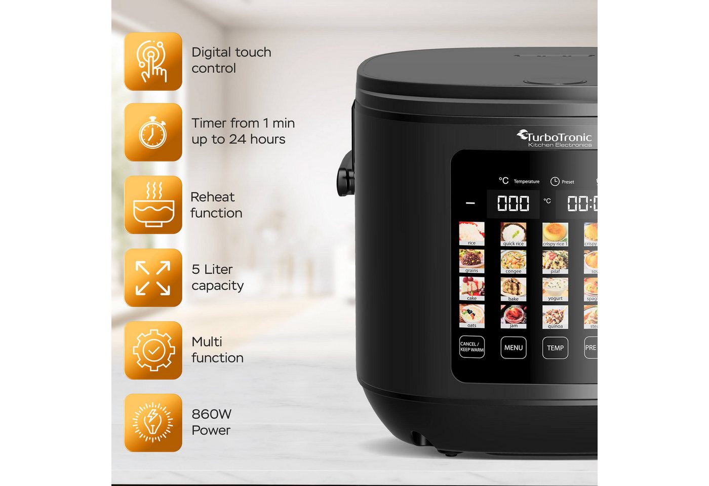 TurboTronic by Z-Line Multikocher elektrischer Dampf- und Schongarer Reiskocher Slow Cooker Schwarz, 860 W, 5 l Schüssel, 20in1 Schnellkochtopf perfekter Reis 5l Topf Keramikbeschichtung Bild 2