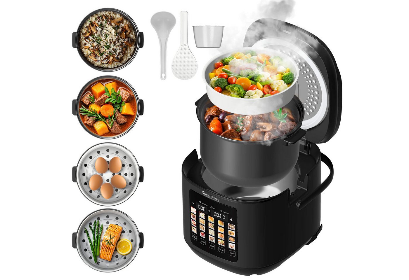 TurboTronic by Z-Line Multikocher elektrischer Dampf- und Schongarer Reiskocher Slow Cooker Schwarz, 860 W, 5 l Schüssel, 20in1 Schnellkochtopf perfekter Reis 5l Topf Keramikbeschichtung Bild 5