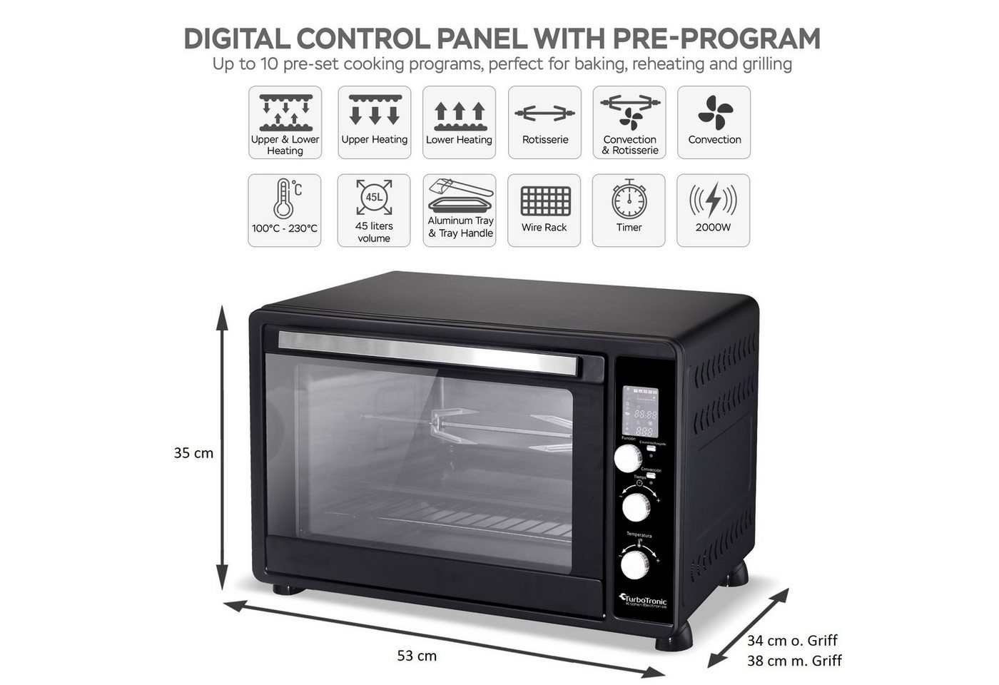 TurboTronic by Z-Line Minibackofen 2000 W 45 l Mini Backofen digital Umluft Drehspieß Grill Pizzaofen, Minibackofen 45 Liter, Tischbackofen, kleiner Backofen, Dörrgerät XXL Bild 5