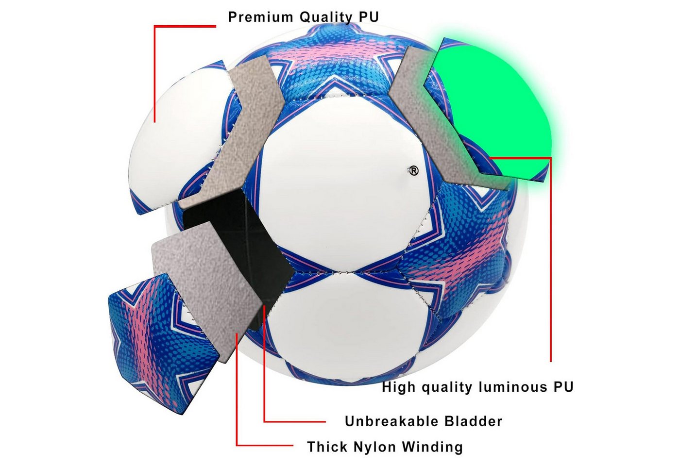 MOPUEA Fußball Fußball leuchtet im Dunkeln offizielle Größe 5 Wasserdicht Langlebig (Leuchtender Fußball Größe 5 Glow Ball für Nachtspiel Training, Glow in the Dark Fußball ohne Batterie für Nacht Training), Leuchtet ohne Batterie langlebig PU Material Nacht sichtbar