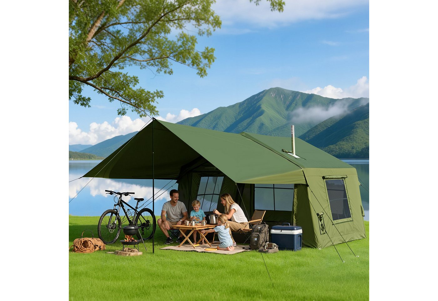 Meulbaty aufblasbares Zelt Air Glamping Zelte, Gampingzelt aus Oxford-Stoff, Personen: 6 (1 tlg), mit aufrollbarem Trennvorhang & 4 großzügigen Belüftungsfenstern