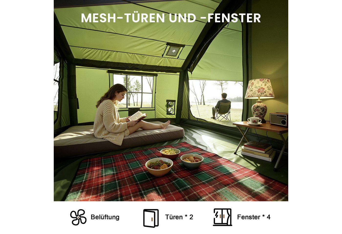 Meulbaty aufblasbares Zelt Air Glamping Zelte, Gampingzelt aus Oxford-Stoff, Personen: 6 (1 tlg), mit aufrollbarem Trennvorhang & 4 großzügigen Belüftungsfenstern Bild 5