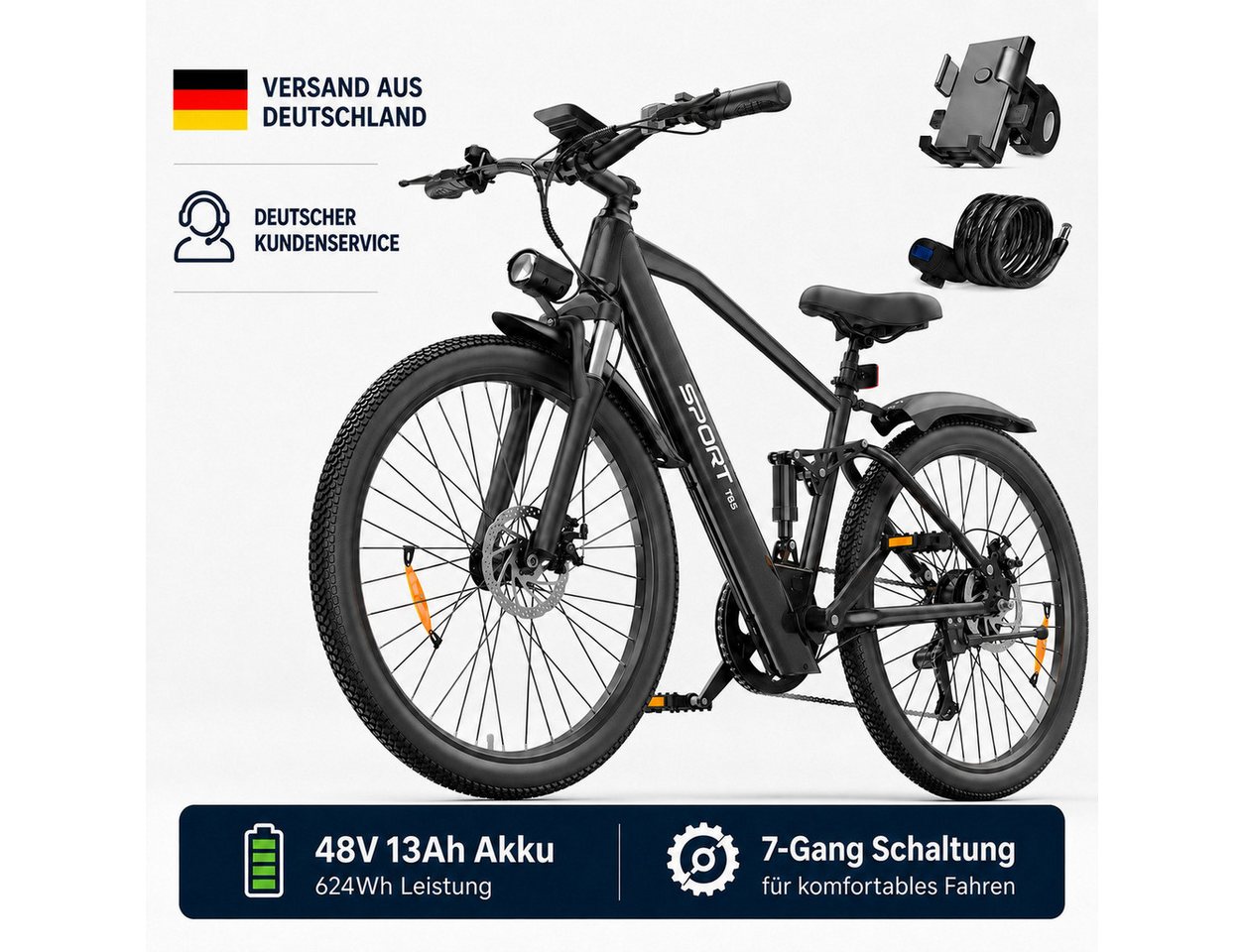 PixelPilot E-Bike Cityrad 26 Zoll Elektrofahrrad 48V 13Ah Akku Herausnehmbarer Akku und Korb, 7 Gang, Nabenmotor, 624 Wh, (Packung)