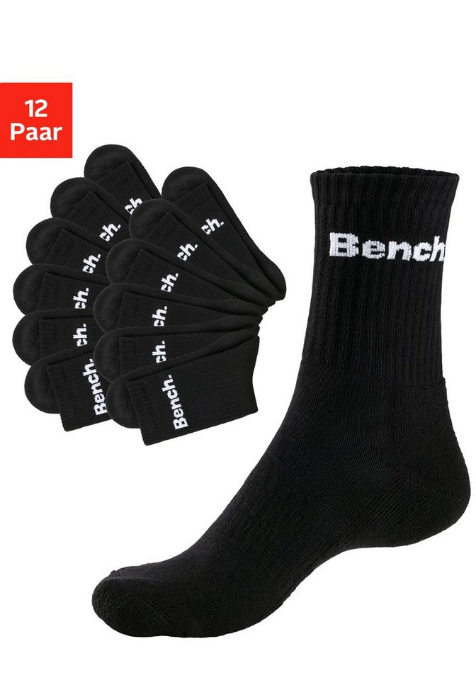 Bench. Tennissocken Damen Herren Sportsocken, Laufsocken, Crew Socken (Packung, 12-Paar, Großpackung Gr. 35-38 bis 47-48) mit Fuß Polsterung, Baumwoll Frottee