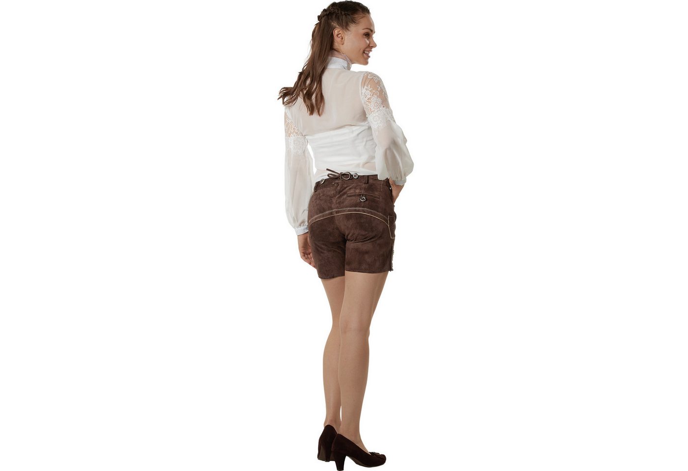 dressforfun Trachtenhose Feminine, figurbetonte und bequeme Lederhose für Damen mit (Damenhose Jessie, für Volksfeste in Dunkelbraun) Edles Spaltleder vom Rind, langlebig, hochwertige Knochenknöpfe