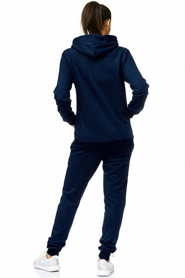 L.gonline Freizeitanzug Damen Jogginganzug einfarbig 100% Baumwolle 586 Navy XL (Kapuzenjacke mit Reißverschluss, Hose, 2-tlg), Fitness Freizeit Casual