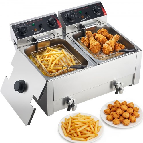 VEVOR Gewerbliche Elektrische 2-Becken-Fritteuse 14 L, 5000 W Edelstahl-Tischfritteuse mit Frittierkörben, Deckeln, Temperaturregelung, Timer und Überhitzungsschutz, für Restaurant, Imbiss, Küche