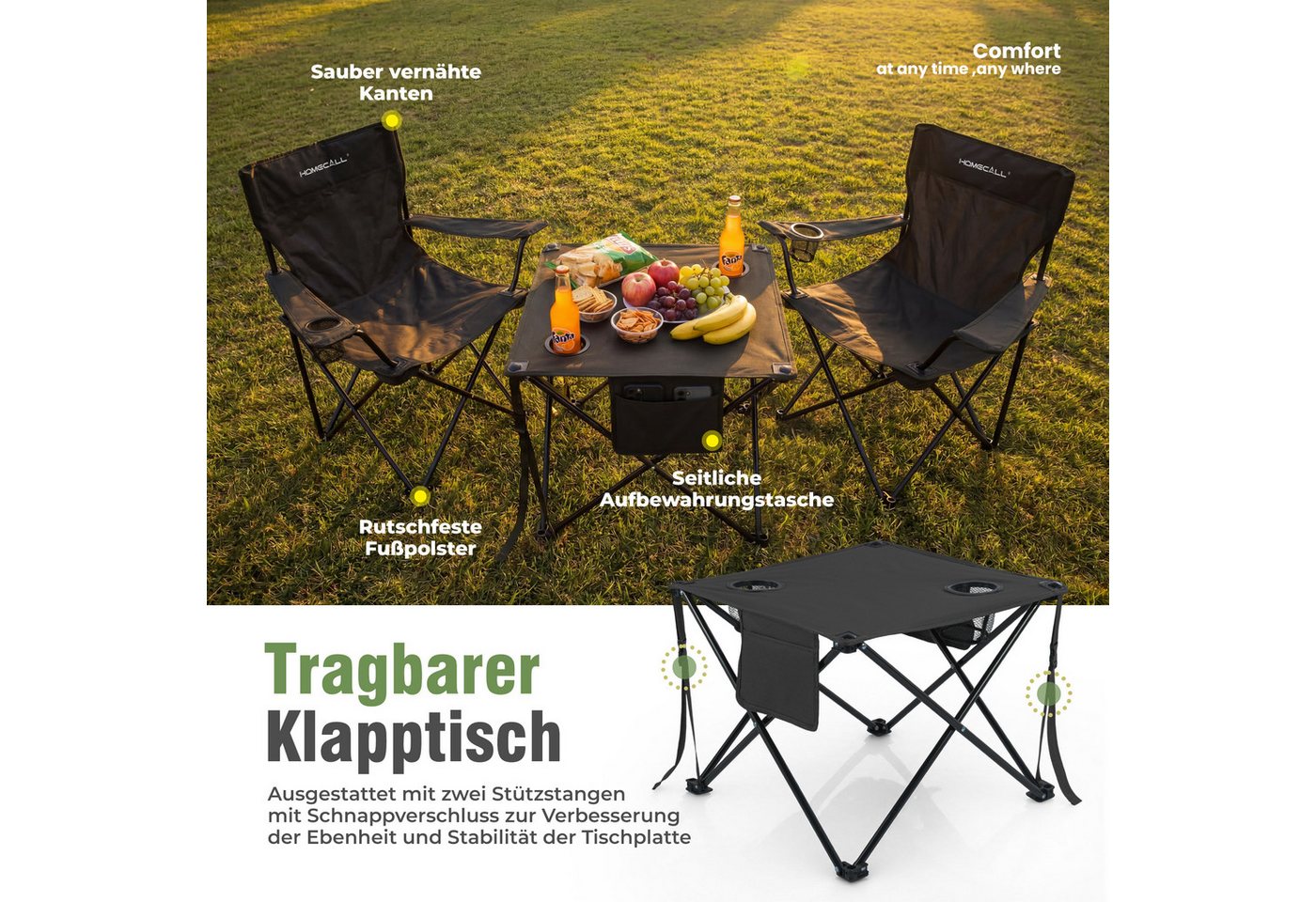 HOMECALL Campingstuhl Campingtisch mit Stühlen Klappstuhl Camping Faltstuhl Picknicktische (Schwarz) Bild 3