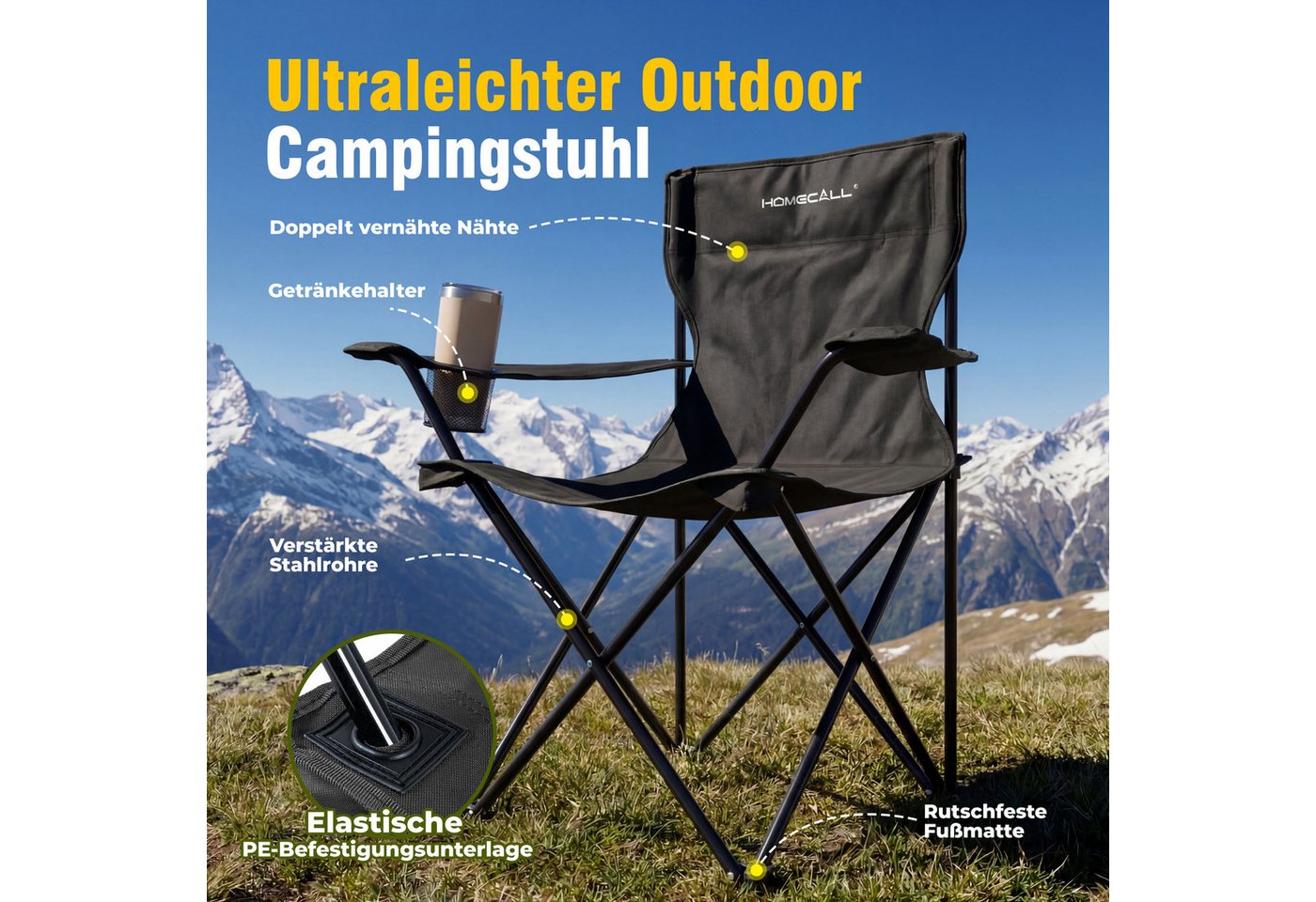 HOMECALL Campingstuhl Campingtisch mit Stühlen Klappstuhl Camping Faltstuhl Picknicktische (Schwarz) Bild 5