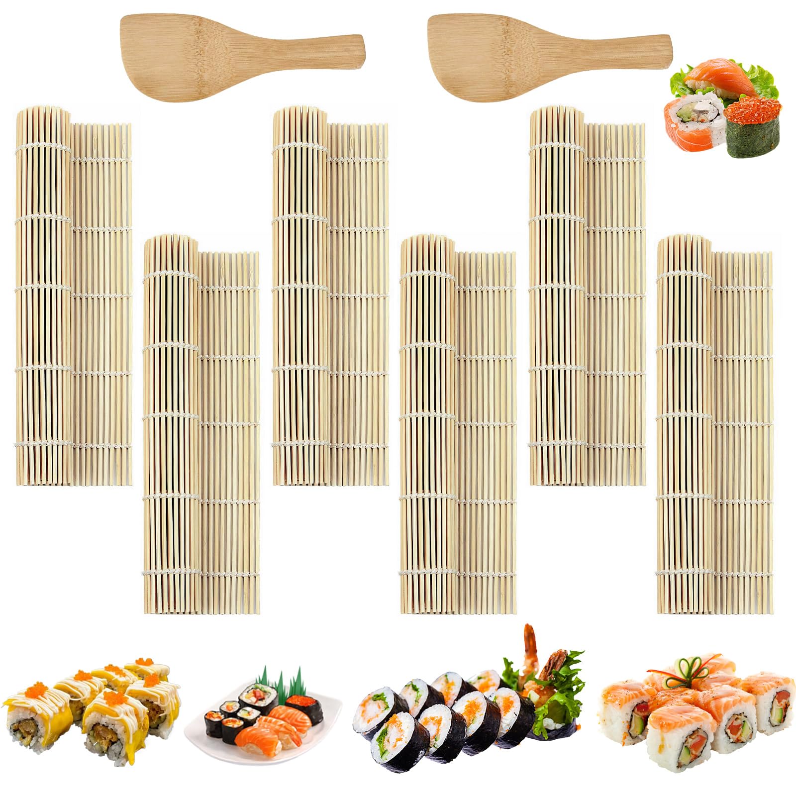 6-teiliges Sushi-matten-set, Sushi-matten Aus Natürlichem Bambus (24 X 24 Cm), Wiederverwendbares Sushi-set Mit Reislöffel, Sushi-nudelholz Für Anfänger Und Profis, Küchenmatte Für Maki-rollen