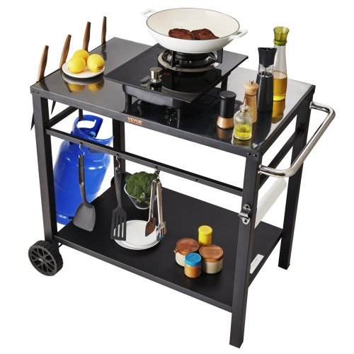 Servierwagen Küchenwagen 100 X 64 X 83,5 Cm Outdoor-grill-esswagen Mit Doppelter Ablage, Beweglicher Grilltisch Für Die Zubereitung Von Speisen, Multifunktionale Tischplatte Aus Eisen Schwarz