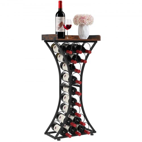 Weinregal Für 15 Flaschen, Freistehendes Flaschenregal Mit 20 Kg Gesamtbelastbarkeit & Glashalter & Holzplatte, Weinflaschenständer Für Küche Weinkeller Bar Wohnzimmer, Weinflaschenhalter Schwarz