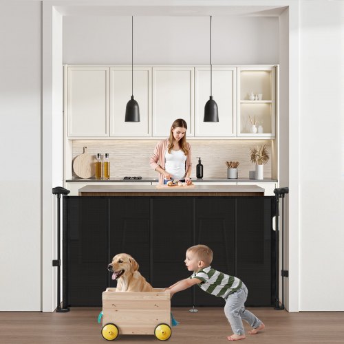 Einziehbares Babygitter (87 Cm Hoch Ausziehbar Bis 1400 Mm Breit) Ausziehbares Gitter Für Kinder Haustiere, Netzmaterial, Treppenschutzgitter Für Innentreppen Türen Flure Spielzimmer, Schwarz
