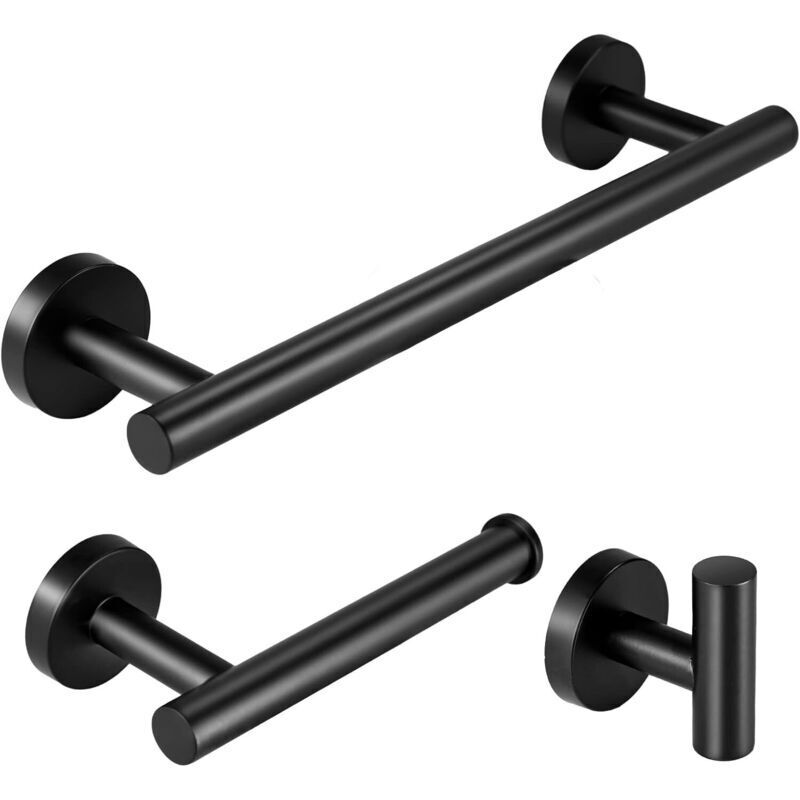 Matt-schwarzes Badezimmer-accessoire-set: Handtuchhalter Zur Wandmontage, Ringhalterung, Edelstahlhaken, 3-teilig, 30 Cm Lange Stange