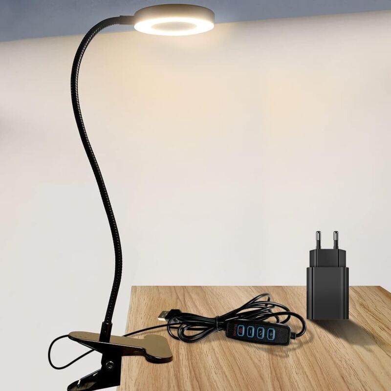 Schwarze Led-schreibtischlampe, Klemmleuchte Mit Usb-ladegerät, 360° Flexible Klemmleuchte Zum Lesen, 3 Beleuchtungsmodi Und 10 Dimmstufen, Smart-taste, Helligkeitsschutz