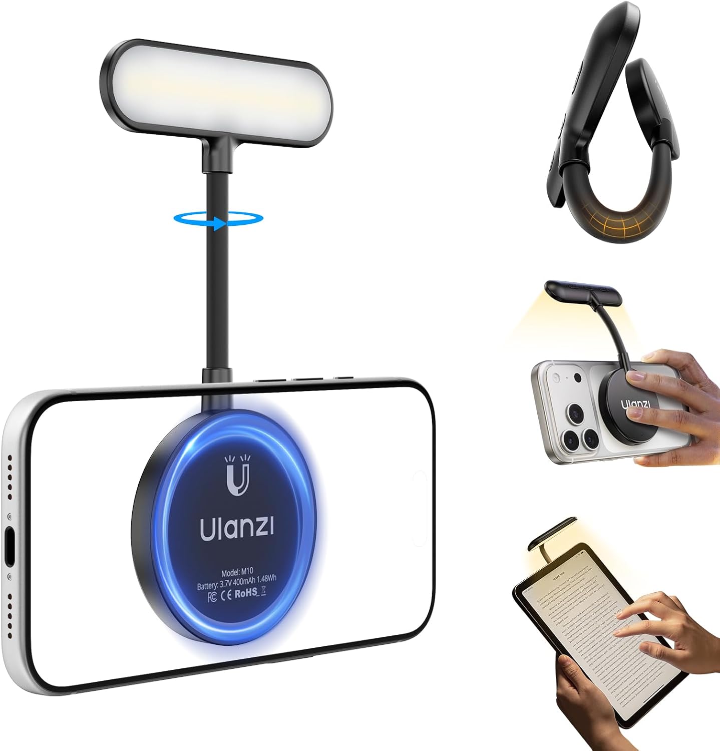 Lampe Selfie Magnétique M10 Mini Pour Iphone, Lampe Selfie Led Compatible Magsafe, Lampe De Lecture Avec 5 Niveaux De Lumière Blanche Chaude Pour Android, Ipad Et Kindle