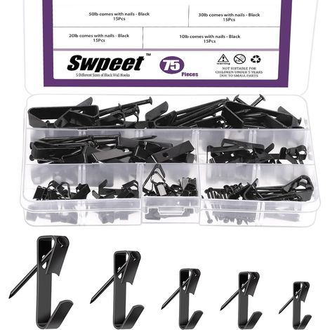 Hübsches 75-teiliges Schwarzes Kleiderbügel-set In 5 Größen (kg) Mit Sortiment An Nägeln, Metallhaken Und Robusten Bilderrahmenhaken