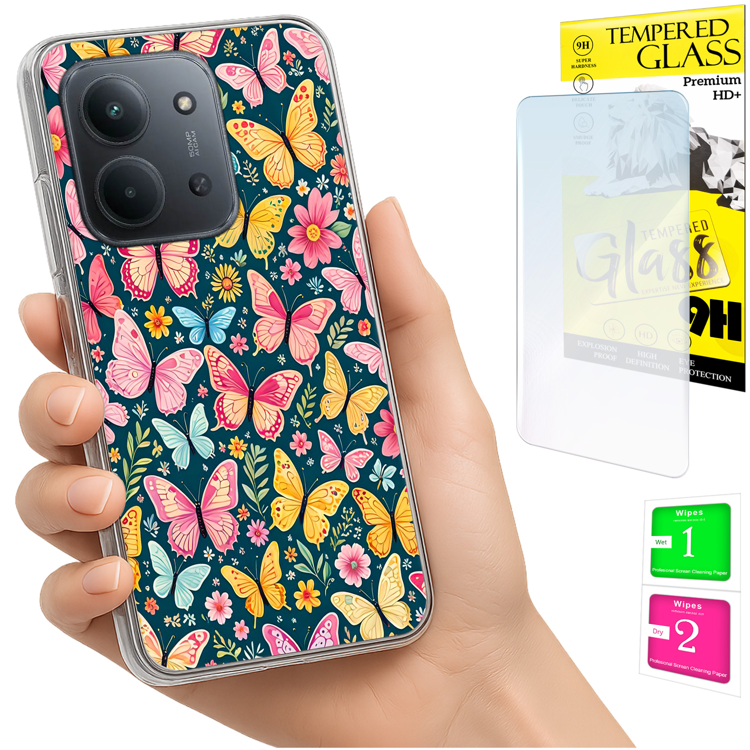 Schutzhülle Für Xiaomi Redmi 15c 5g 173 Mm / Poco C85: Schmetterlingsdesign Auf Der Rückseite + 9h-glas