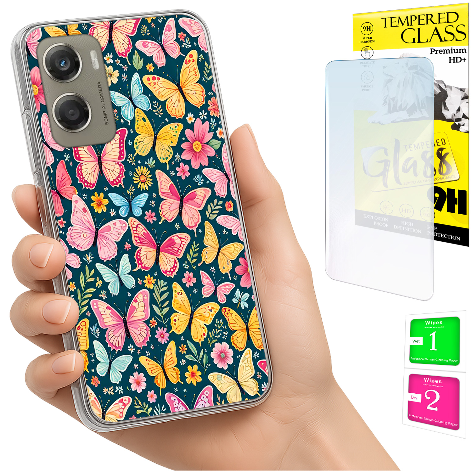 Schutzhülle Für Motorola Moto G06 / G06 Power, Rückseite Mit Schmetterlingsmotiv + Glas