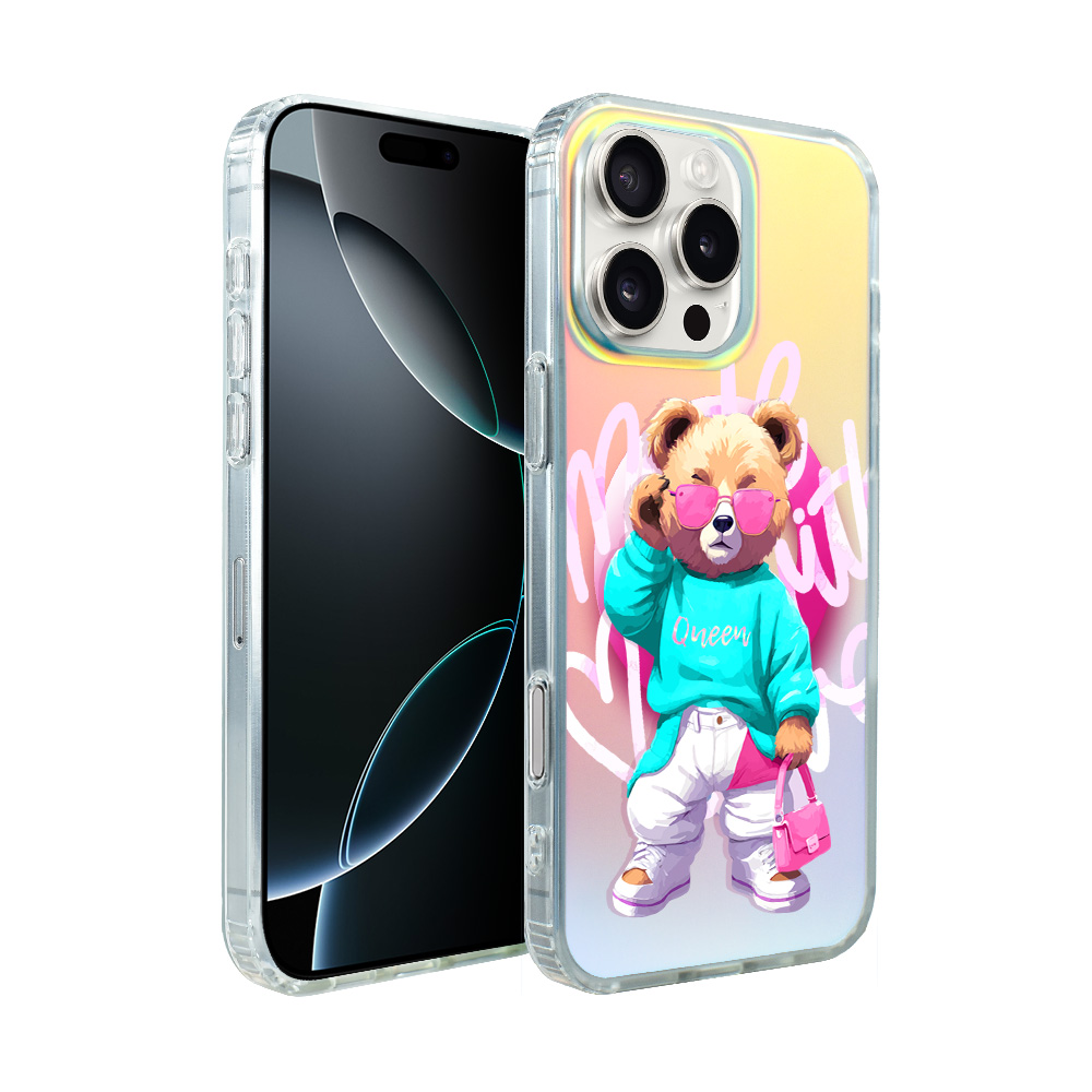 Iphone 16 Pro Max Ibizu California Sunset Hülle Mit Magsafe, Farbwechsel, Pink Queen, Stylischem Teddybärenmotiv