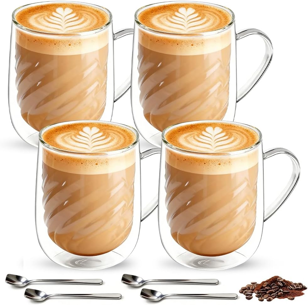 Double-walled Coffee Glasses Set Of 4, 350 Ml Latte Macchiato Glasses, Insulated Glasses With Handle And Spoons, For Hot Drinks (cappuccino, Espresso, Tea) And Cold Drinks (milkshake, Juice, Beer)