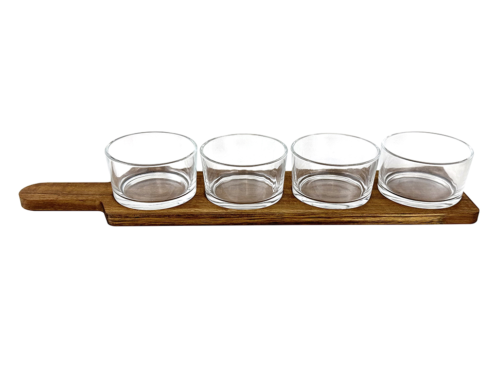 Runde Glas-dipschalen Auf Akazienholz-diptisch-untergestell, 5 Stück.