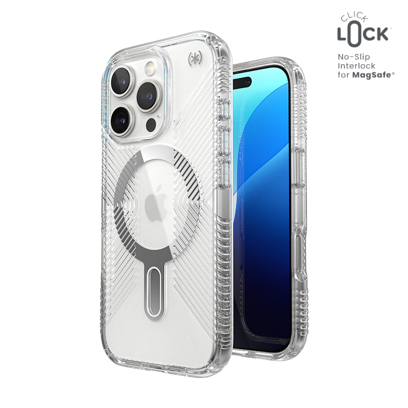 Speck Presidio Perfect-clear Grip Clicklock & Magsafe - Iphone 16 Pro Hülle (transparent / Chrom-finish / Serene Silver)