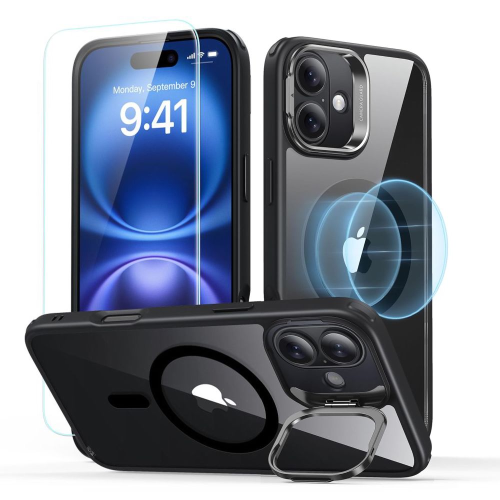 Esr Classic Hybrid-ständer, Halolock, Magsafe & Gehärtetes Glas, Iphone 16 Plus, Klar/schwarz