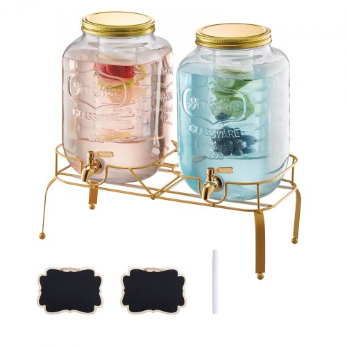 Getränkespender (2 X 8 L) Für Partys Saftspender (aus Glas) Mit Tropfsicherem Zapfhahn & Metallständer Wasserspender Für Restaurants Partys, Limonade Eistee Selbstgemachte Getränke Spender