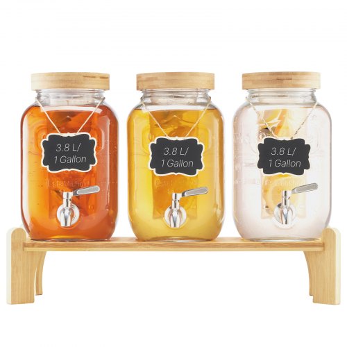 Getränkespender (3 X 3,8 L) Für Partys Saftspender (aus Glas) Mit Tropfsicherem Zapfhahn & Holzständer Wasserspender Für Restaurants Partys, Limonade Eistee Selbstgemachte Getränke Spender