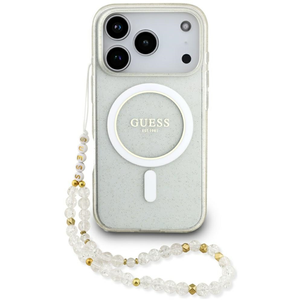 Guess Iml Glitter Pearl Strap Magsafe Hülle Für Iphone 17 Pro, Transparent