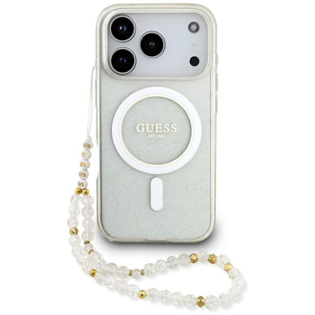 Guess Iml Glitter Pearl Strap Magsafe Hülle Für Iphone 17 Pro, Transparent